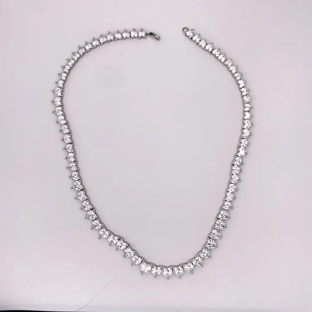 Silver Toned Heart Shaped Cubic Zirconia Tennis Necklace. 22 Inches. - Picture 4 of 13